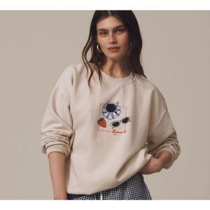 by Anthropologie Coffee Print Crewneck Sweatshirt XS